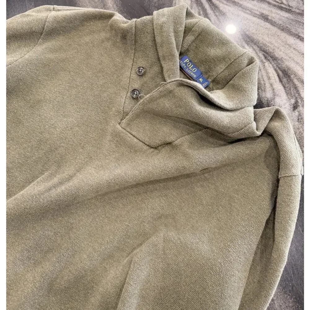 Polo Ralph Lauren XL Shawl Collar Sweatshirt Olive Green Leather Elbow Patches